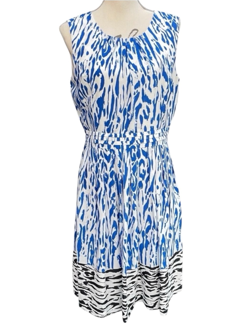 Ellen Tracy Blue/White/Black Zebra Scoop Neck Sleeveless Blouson Dress (10)